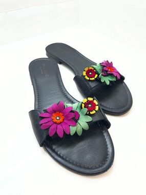 Black Slide Sandals with Pink & Yellow Floral Appliqués